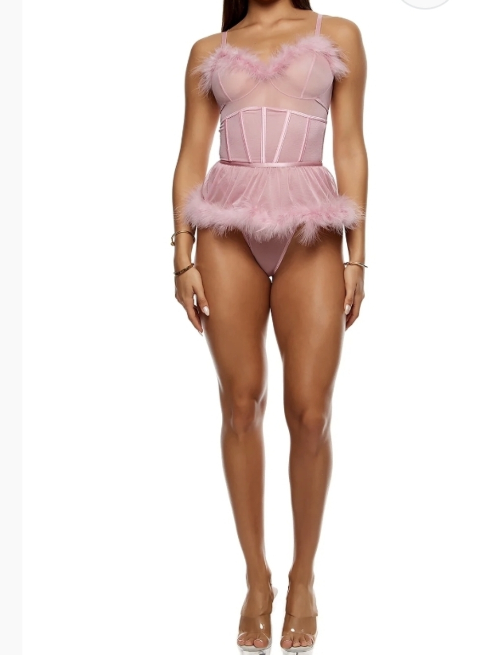 Forplay Mesh Teddy + Corset Underbust 2-PC Set Maribou Feathers Pink NWT